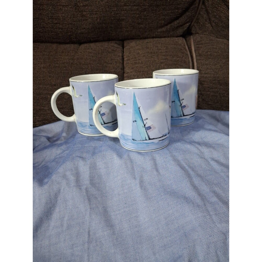 Vintage Lighthouse Mugs by Thomson Pottery Sailboat Nautical Ocean, Lot Of 3